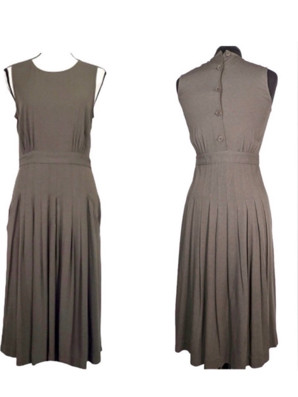 Theory Cassii Button Back Pleated Midi Dress 8 Olive Green Work Office Preppy